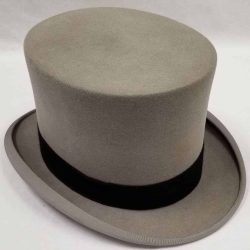 Grey top hat with a black ribbon around the base