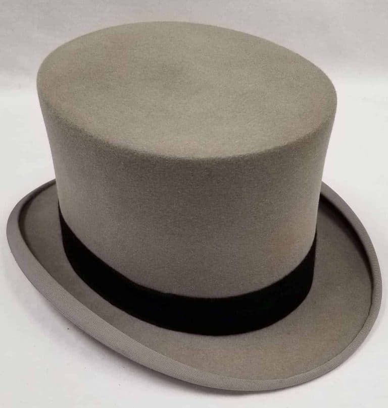 Grey top hat with a black ribbon around the base