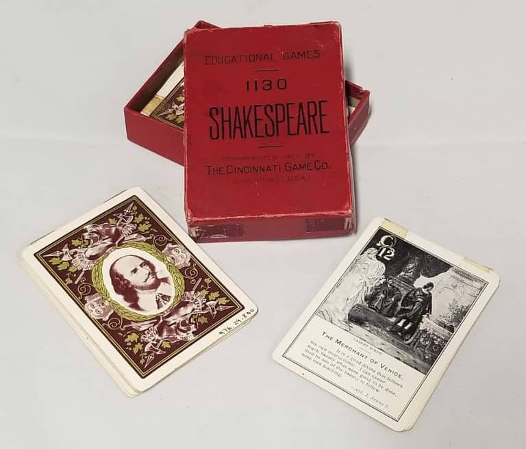 Red cardboard card box for Shakespeare, an educational game.