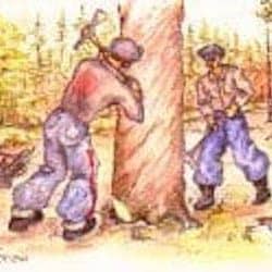 Painting of two men chopping down a tree, there's a red dot on their back