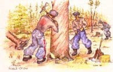 Painting of two men chopping down a tree, there's a red dot on their back