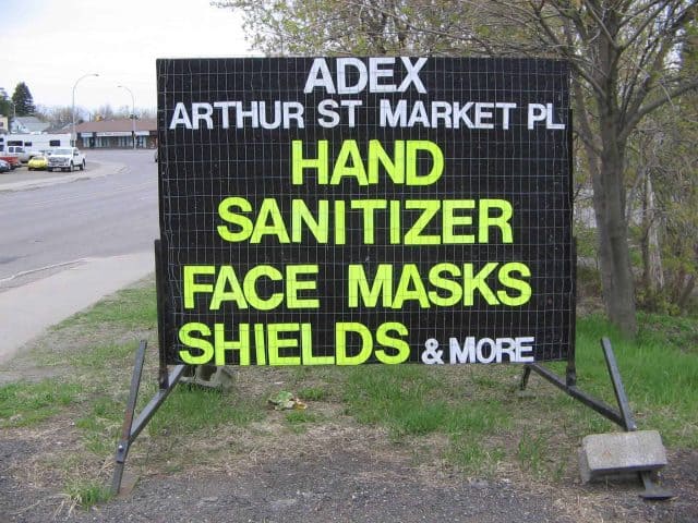 Sign saying Hand Sanitizer, Face Masks, Shields and more