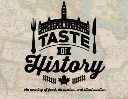 A Taste of History logo on a faded out map of Canada.