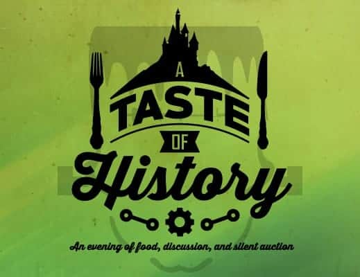 A Taste of History logo with a watermark of Frankenstein's head behind it on a green background.