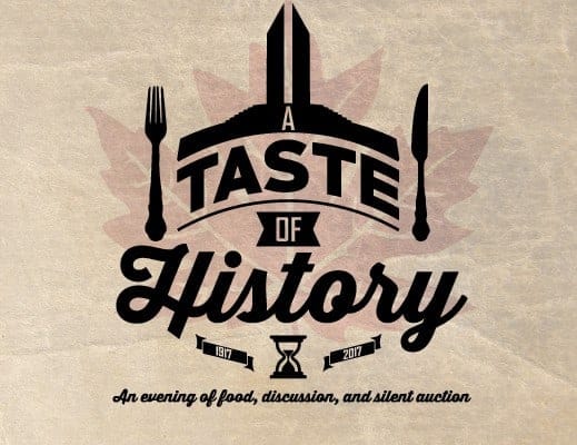 A Taste of History logo on top of a watermarked maple leaf.