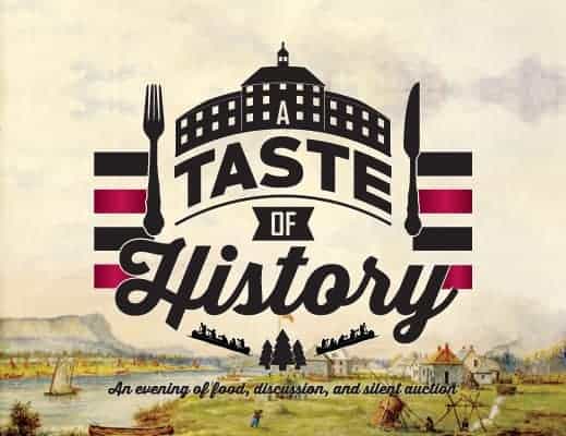 A Taste of History logo on top of a painting of an early settlement.