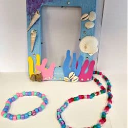Decorated wooden frame, and a beaded bracelet and matching necklace craft.