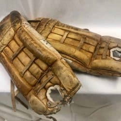 Two goalie pads made from cowhide