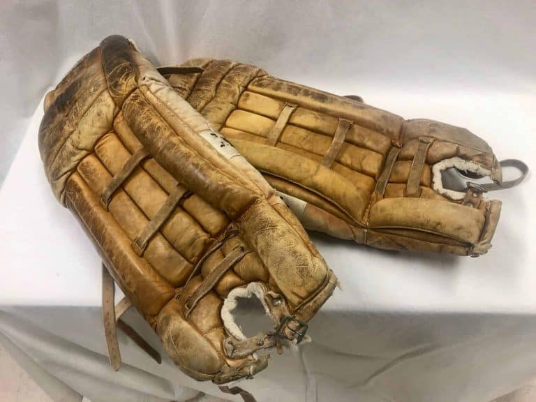 Two goalie pads made from cowhide