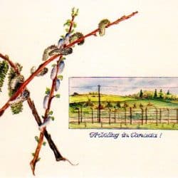 Painting with small tree branches with caterpillars hanging from them, beside it is a landscape painting of a wooden fence with green hills behind