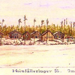 Painting of wooden buildings at a POW Camp