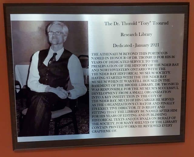 Plaque for the Dr. Thorold "Tory" Tronrud Research Library