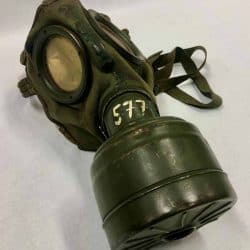Gas mask with 577 written on it