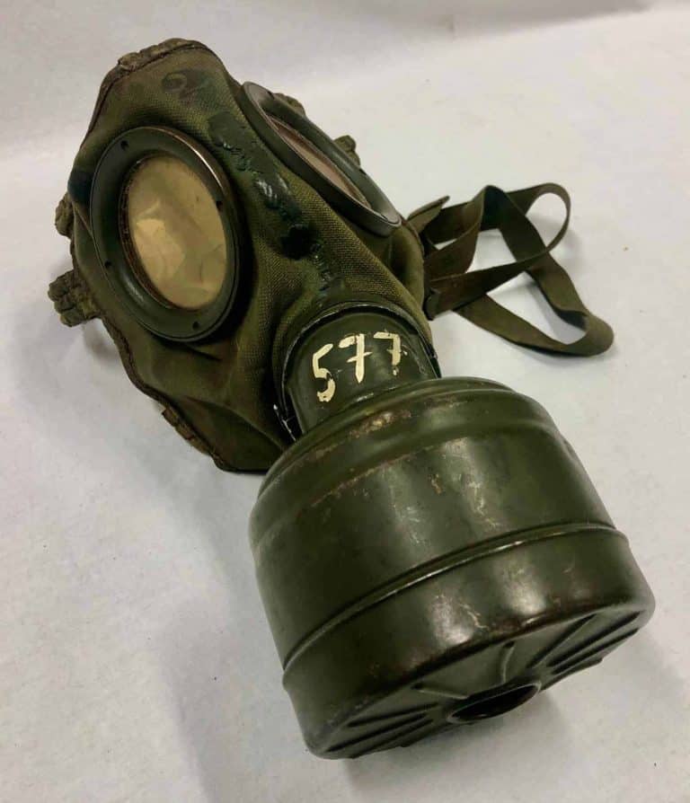 Gas mask with 577 written on it