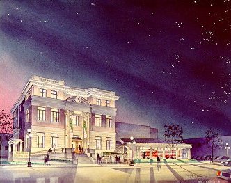 Painting of the Thunder Bay Museum with a starry sky above