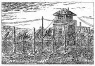 Black and white drawing of a POW camp