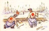 Painting of two men with large red dots on their back kneeling in front of a wooden walkway