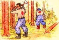 Painting of two men chopping down trees, red dots are painted on their backs