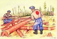 Painting of two men sawing giant logs with a red dot on their backs