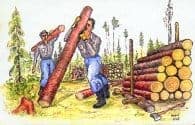Painting of two men piling logs