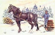Painting of a horse pulling a sled of logs with a man behind the horse