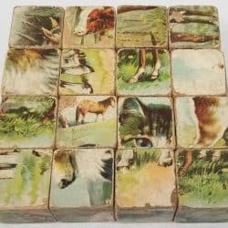 16 wooden cubes that can form 6 different pictures. Blocks feature different animals such as rebbit, cow, cat, dog, goat, and horse.
